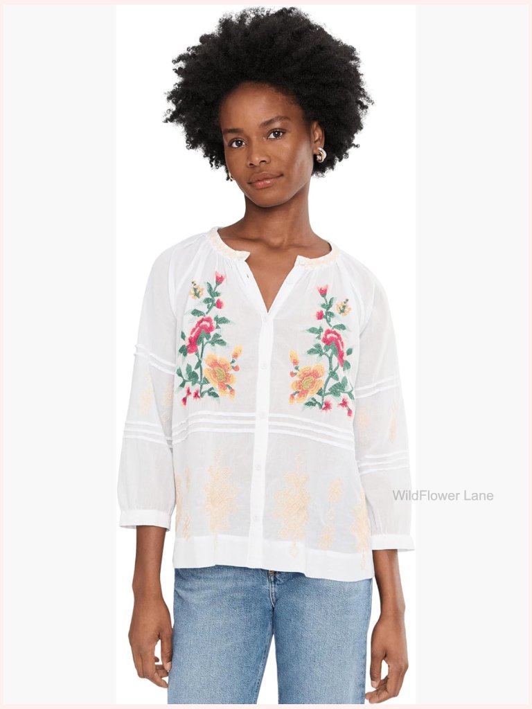 Pintuck Raglan Button-Up Blouse With Floral Embroidery Cotton Long Sleeve